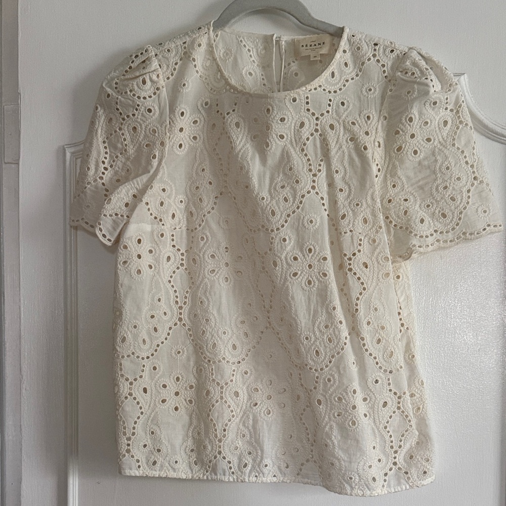 Sezane Cream Eyelet Lace Blouse